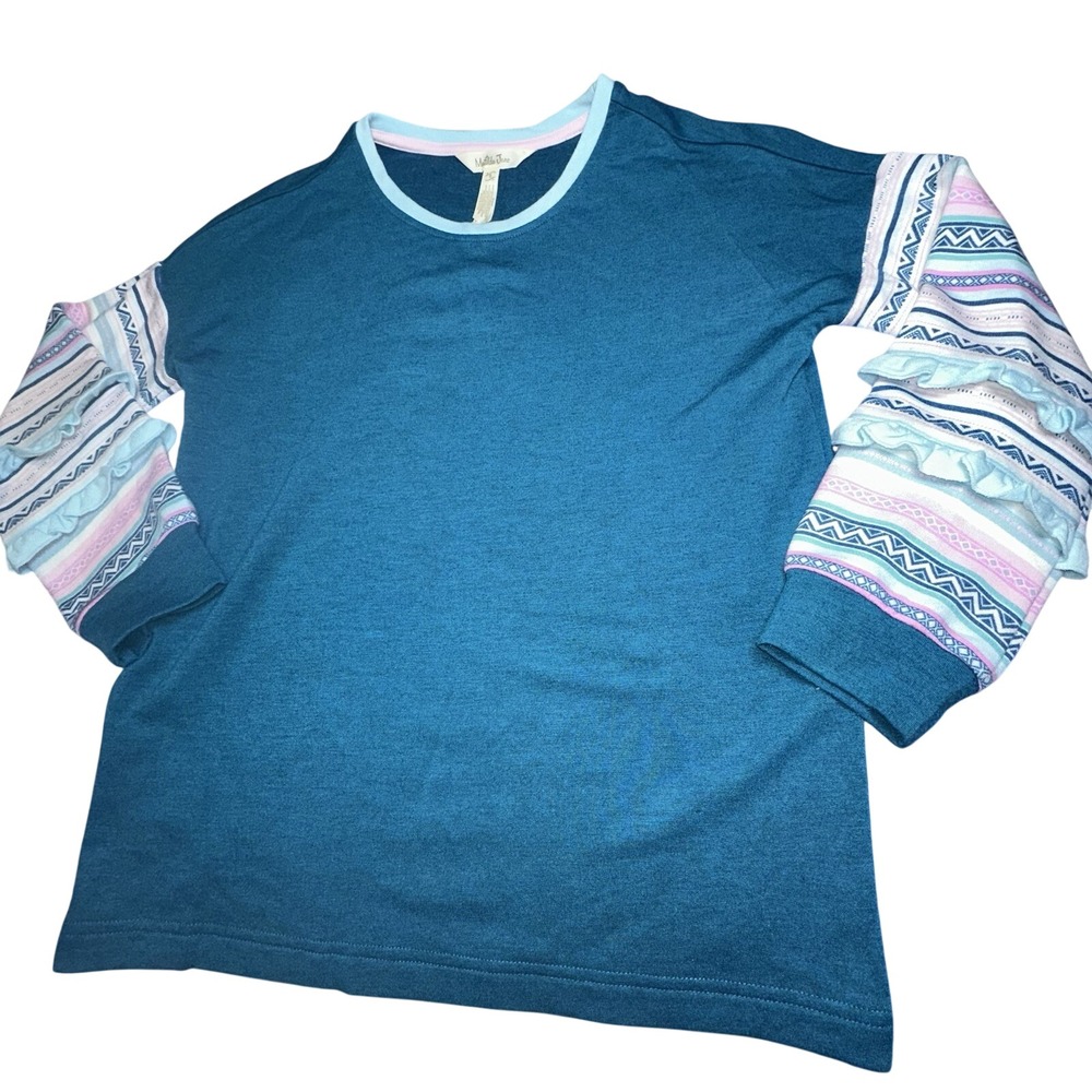 Matilda Jane Girls Teal Blue Ruffle‎ Sleeve Top Geometric Pattern Size 8 30140T